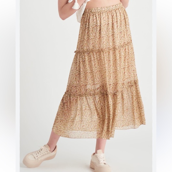 Dex Dresses & Skirts - Dex Floral Tiered Maxi Skirt in Beige and Light Brown